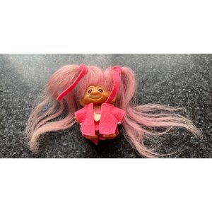 Vtg Dam Troll Doll  Pink Hair 3" Trolls 1960s Deep Purple Black Eyes Handmade